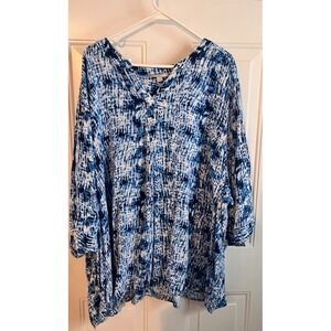 Woman Within 5X Blue Tie Dye V Neck Button Front Tunic Top 38 40 Rayon